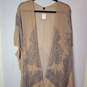 Taupe Blue Patterned Crinkle Guaze One Size Kimono